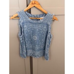 For The Republic Womens Blue Paisley Bandana Print Frayed Tencel Button Back Top